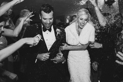 bride and groom lavender exit