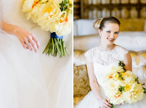 bride wearing hayley paige wedding dress holding a yellow peonies bouquet