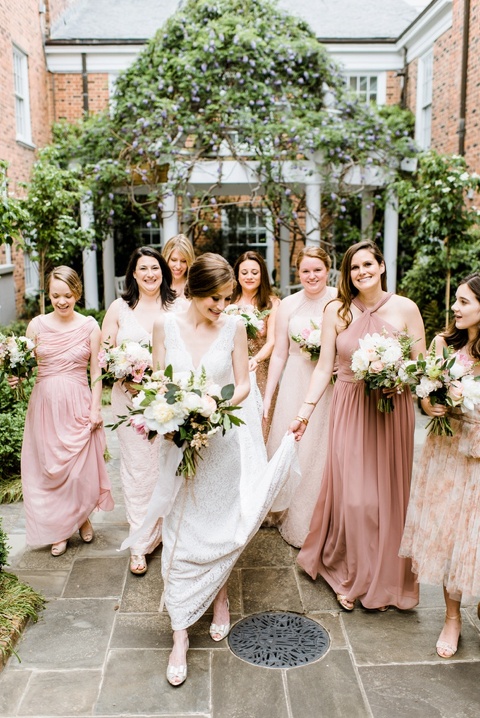Blush and gold wedding ideas. Blush bridesmaids dresses. Coordination by Kast Events at the Chapel Hill Carriage House. Photo by Caroline Lima.