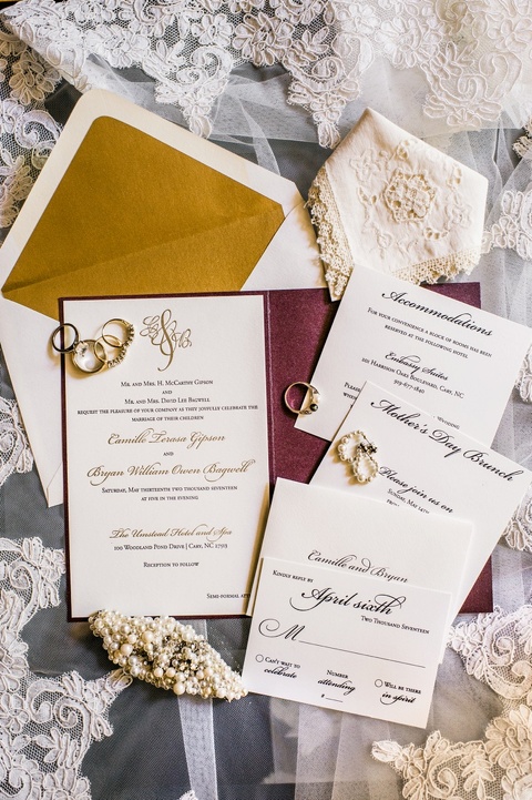Wedding at The Umstead. White, gold and plum letterpress invitations. Planner A Southern Soiree. 