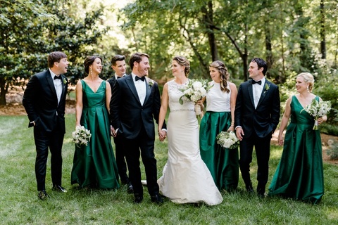 The Umstead Weddings. Lula Kate emerald green bridesmaids dresses. Paloma Blanca wedding gown.