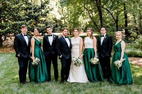 The Umstead Weddings. Lula Kate emerald green bridesmaids dresses. Paloma Blanca wedding gown.