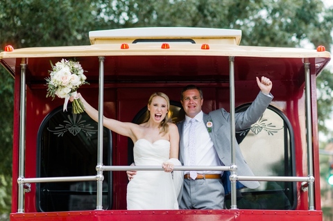Bride and Groom on a Trolley. Austin Wedding Photography