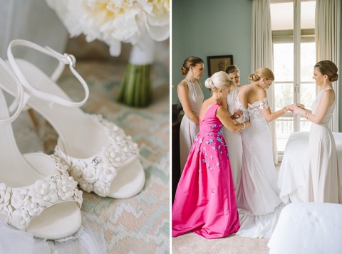 Bride getting ready at The Argyle. Bridesmaids wearing neutral wedding dresses. Pink and Blue wedding ideas. 