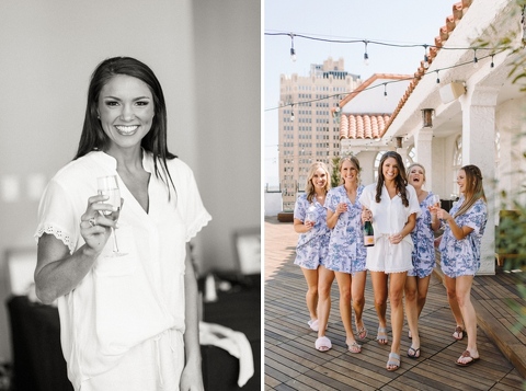 bridesmaids wearing matching pajamas at the St. Anthony Hotel in San Antonio