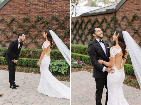 bride and groom first look backyard wedding in Houston